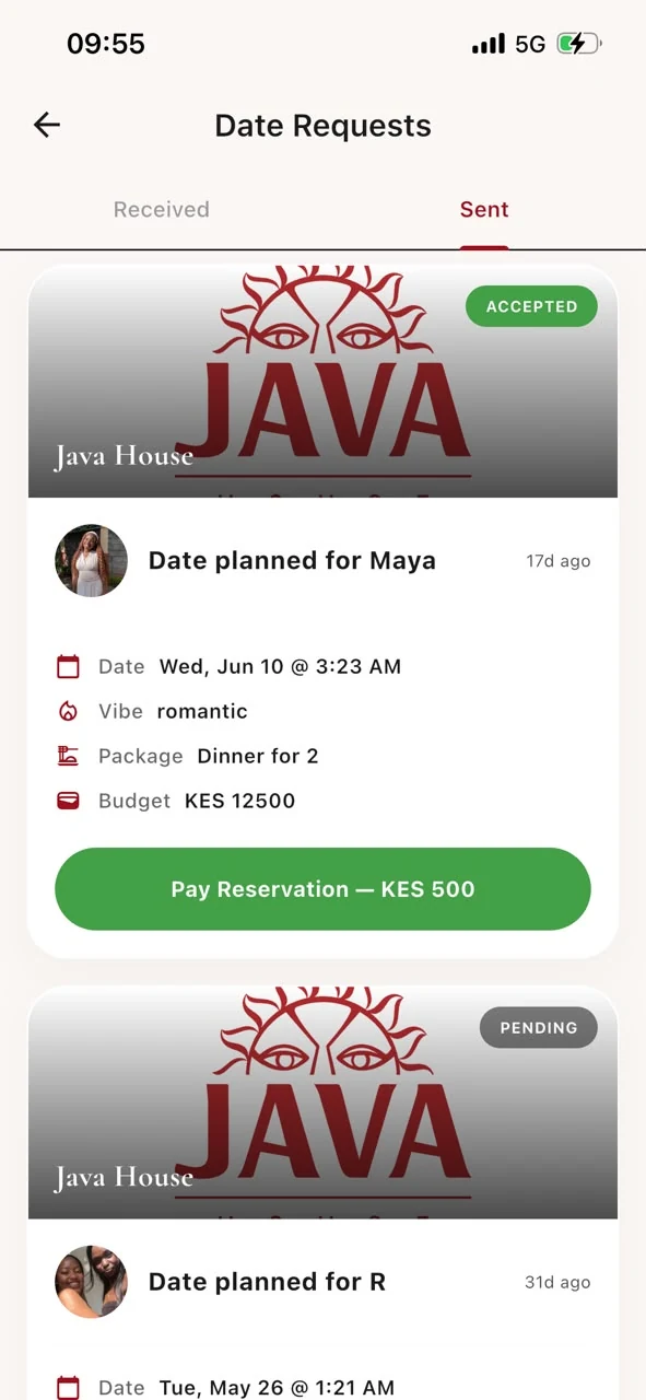 KanairoXO date request and reservation screen